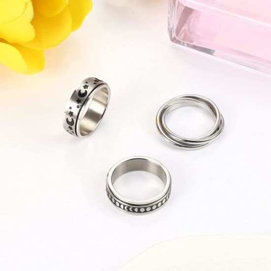 6Pcs Stainless Spinner Rings Set For Women Mens CZ Matte Flower Triple Interlocked Rolling Stress Relieving Ring Anxiety Relief Fidget Band Rings